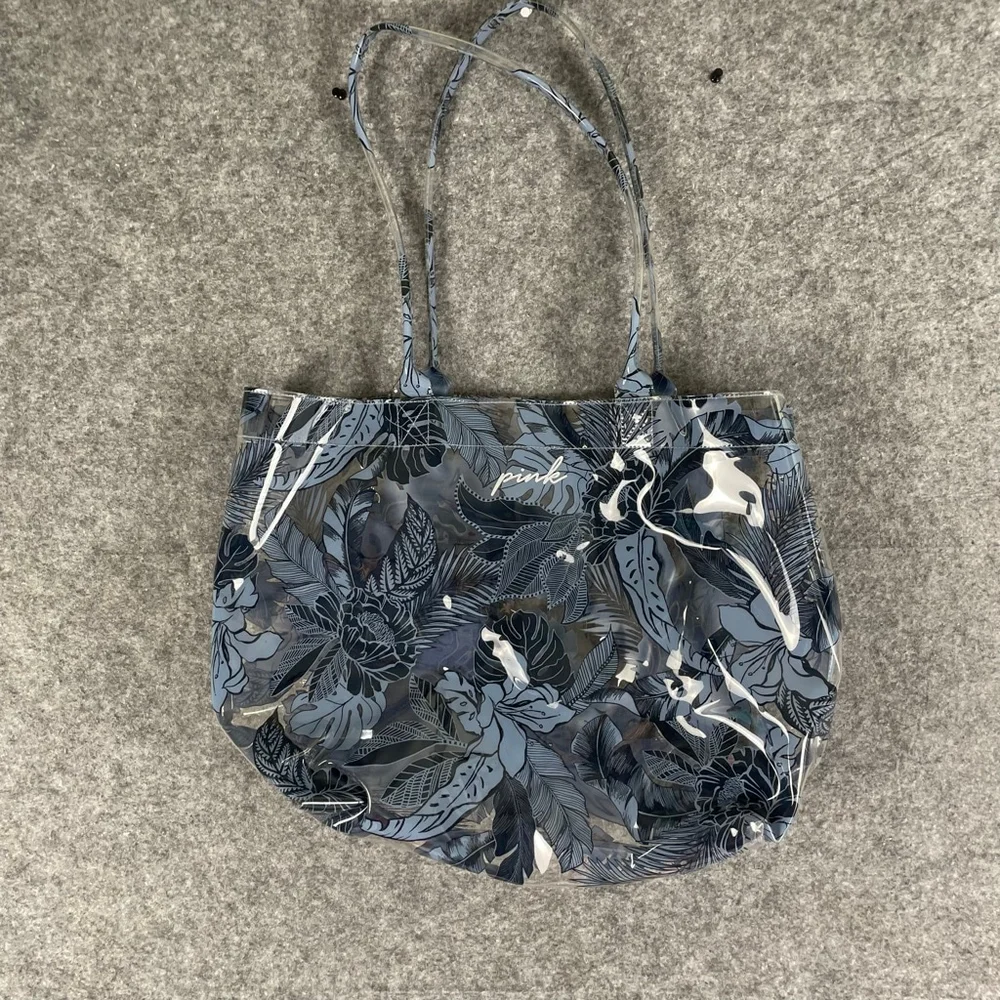 Victoria's Secret PINK Clear Tropical Floral Tote Bag Blue Beach Bag with Pouch - Picture 3 of 12